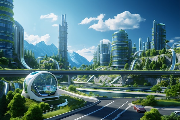 Futuristische milieuvriendelijke stad met groene ruimtes