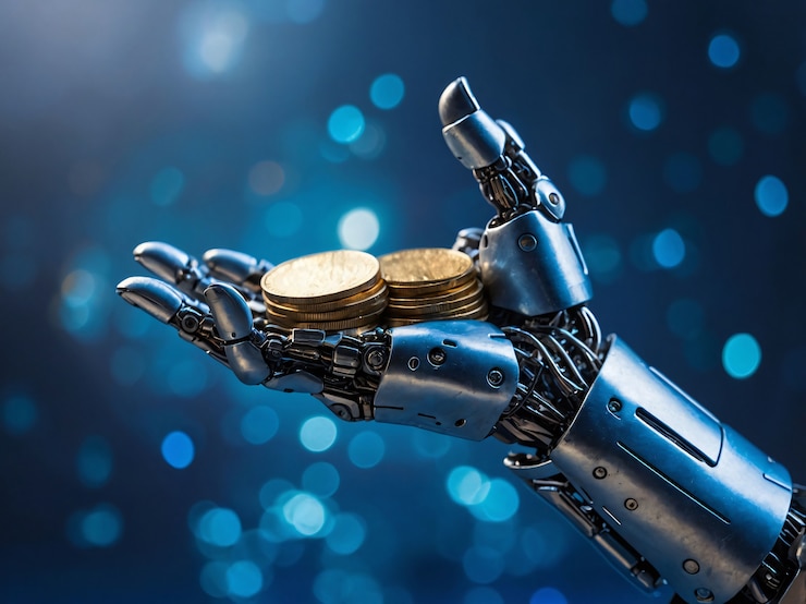 Gratis Foto futuristische robot die met geld omgaat