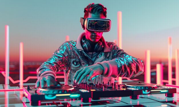 Futuristische set met dj die verantwoordelijk is voor muziek met behulp van virtual reality bril