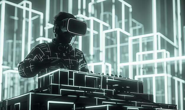 Futuristische set met dj die verantwoordelijk is voor muziek met behulp van virtual reality bril