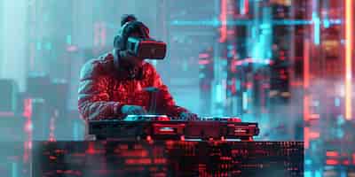 Gratis foto futuristische set met dj die verantwoordelijk is voor muziek met behulp van virtual reality bril