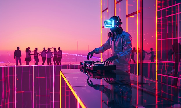 Futuristische set met dj die verantwoordelijk is voor muziek met behulp van virtual reality bril