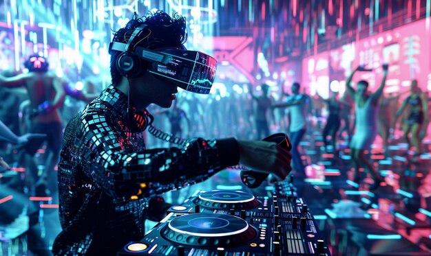 Futuristische set met dj die verantwoordelijk is voor muziek met behulp van virtual reality bril