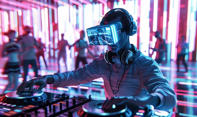 Gratis foto futuristische set met dj die verantwoordelijk is voor muziek met behulp van virtual reality bril