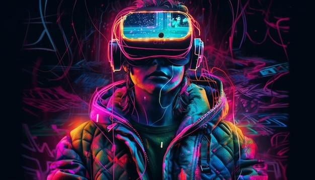 Futuristische volwassene in virtual reality handsfree headset gegenereerd door AI