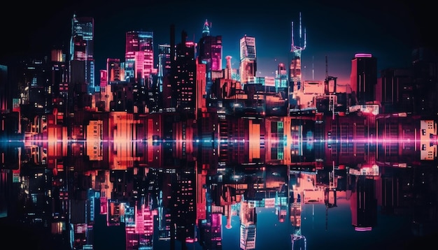 Gratis foto futuristische wolkenkrabbers verlichten de moderne skyline van de stad, gegenereerd door ai