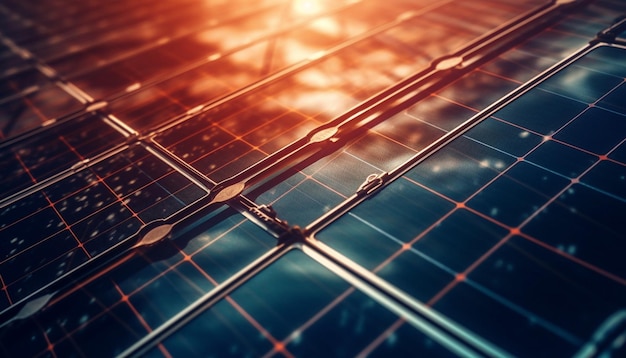 Futuristische zonne-energiecentrale genereert elektriciteit bij zonsondergang generatieve AI