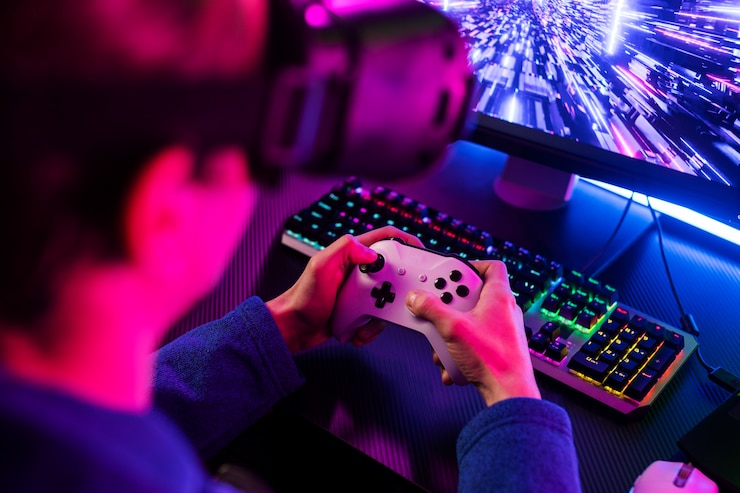 Gratis Foto gamerstoel met veelkleurige neonlichten