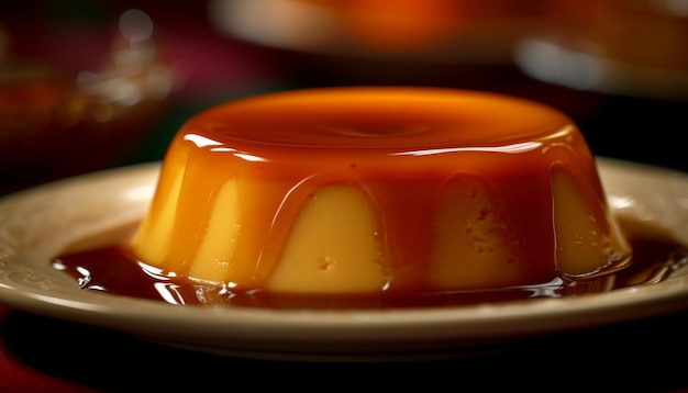 Gastronomisch dessertbord met karamel en fruit generatieve AI