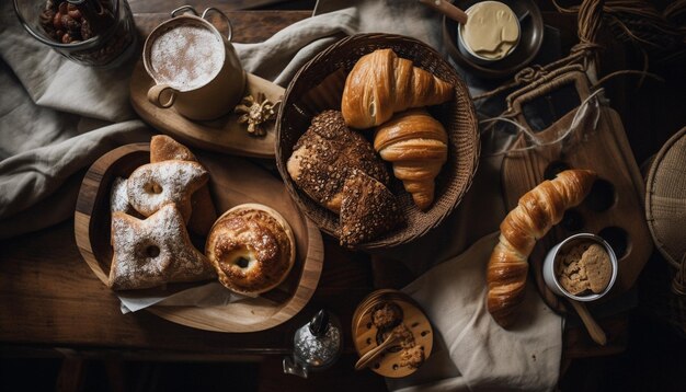 Gastronomische croissant en koffie op rustieke tafel gegenereerd door AI