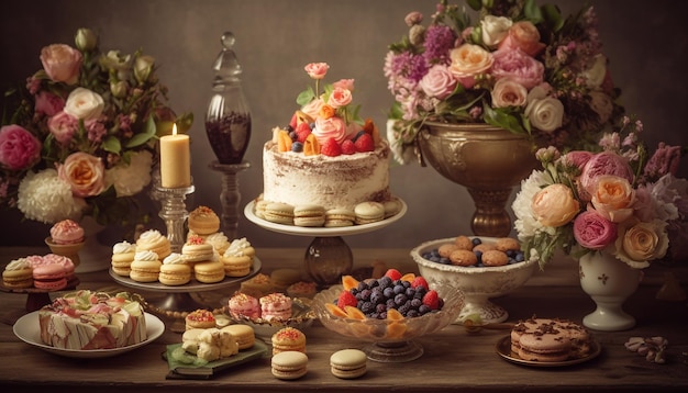 Gratis foto gastronomische desserttafel met zelfgemaakte taarten en cupcakes gegenereerd door ai
