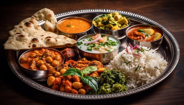 Gastronomische kom met gezond rijstvlees en groenten gegenereerd door AI