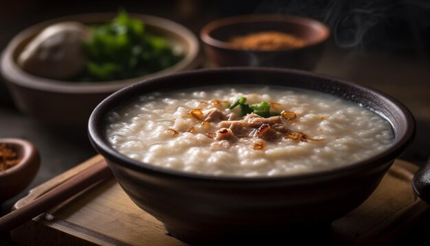 Gastronomische maaltijd van rijstpap en groenten gegenereerd door AI