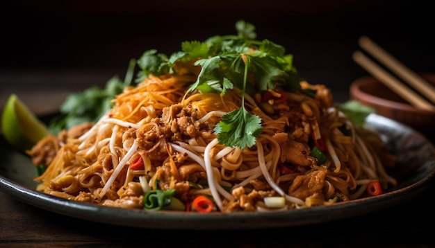 Gratis foto gastronomische maaltijd van roergebakken groenten en garnalen gegenereerd door ai