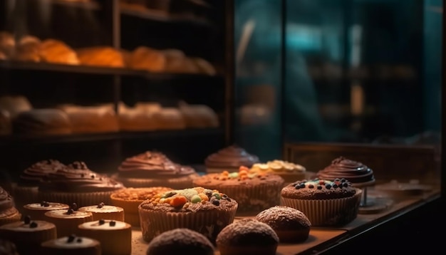 Gratis foto gastronomische muffins met chocoladeschilfers, een zoete verwennerij gegenereerd door ai