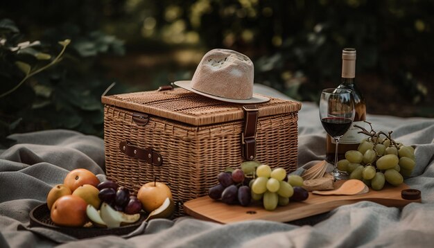 Gastronomische picknick op rustieke houten tafel buiten gegenereerd door AI