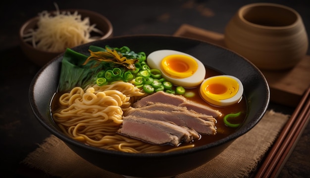 Gratis foto gastronomische varkensvlees-ramen-noedels in gekookte soepkom generatieve ai