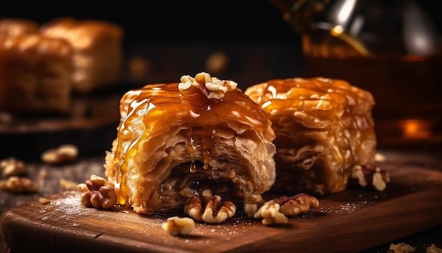 Gratis foto gebakken baklava met hazelnoot, walnoot en honing gegenereerd door ai