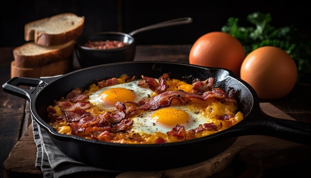 Gebakken ei en spek op rustiek brood gegenereerd door AI