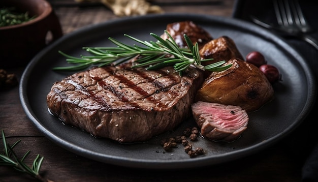 Gebakken steak op een houten bord gekookt tot perfectie mondwater gegenereerd door kunstmatige intelligentie