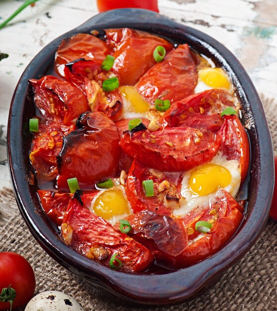 Gebakken tomaten met knoflook en eieren versierd met groene uien