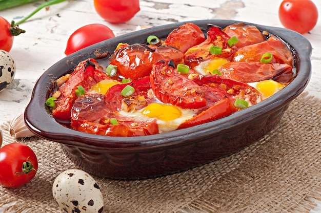 Gebakken tomaten met knoflook en eieren versierd met groene uien