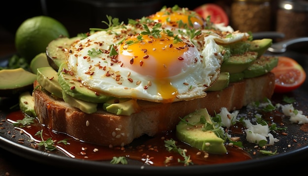 Gratis foto gebakken vegetarische boterham op geroosterd brood vers en gezond gegenereerd door kunstmatige intelligentie