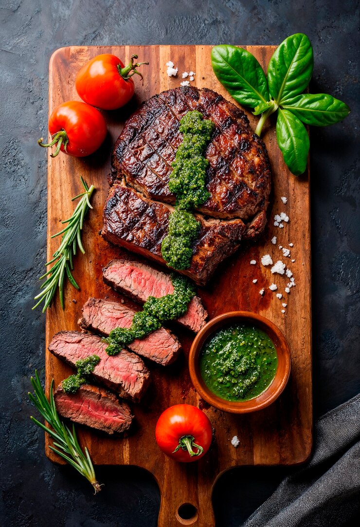 Gratis Foto gebraden ribeye steak met pesto
