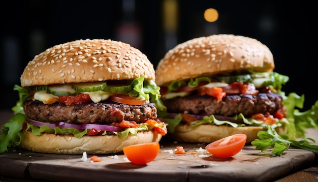 Gratis foto gebraden rundvleesburger met kaas, tomaten en uien gegenereerd door ai