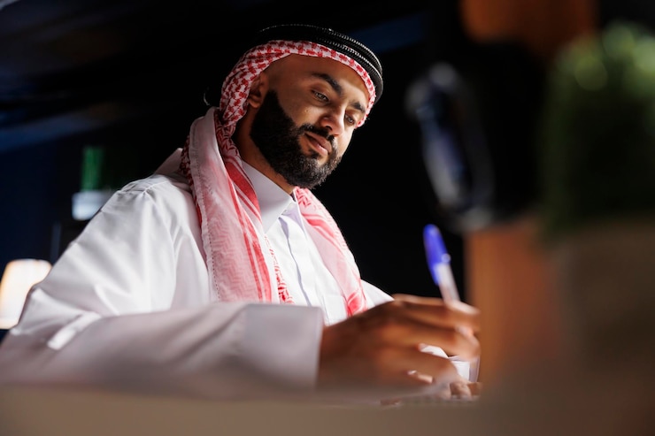 Gratis Foto geconcentreerde arabische ondernemer in het thuiskantoor