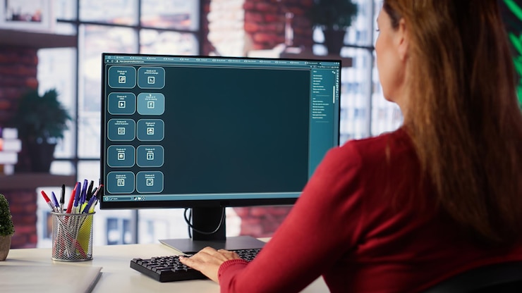Gratis Foto geconcentreerde vrouw werkt met een ai-chatbot op haar desktopcomputer