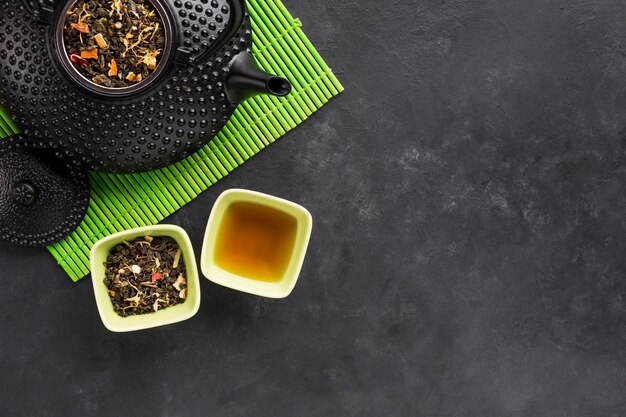 Gedroogde bladeren en bloemblaadjes voor gezonde thee op groene placemat