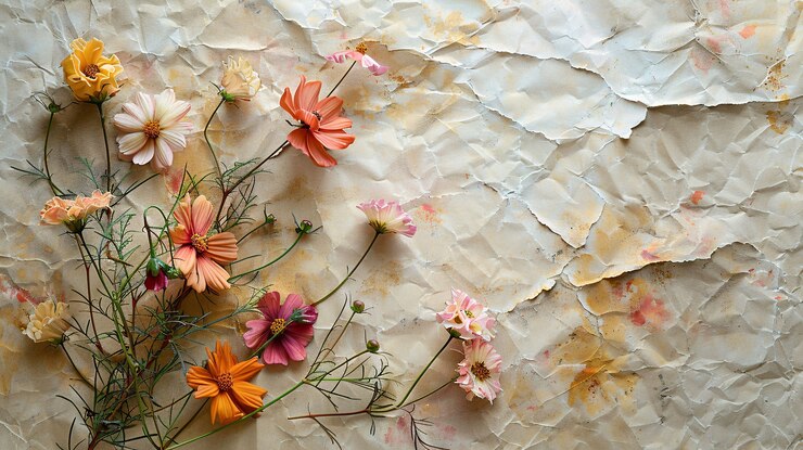 Gratis Foto gedroogde bloemen op gescheurd papier.