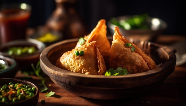 Gratis foto gefrituurde knoedels en samosa's klaar om te eten gegenereerd door ai