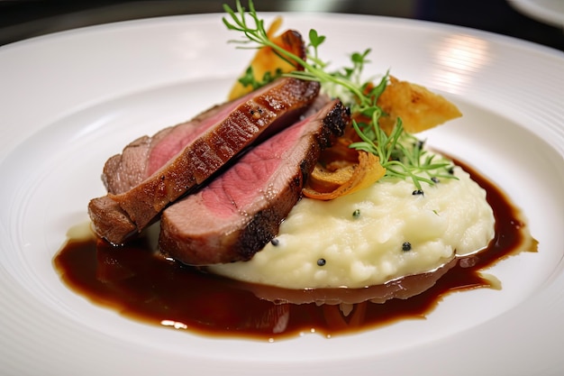 Geglazuurde eendenfilet met aardappelpuree en saus geserveerd op een sjiek restaurantbord ai generatief