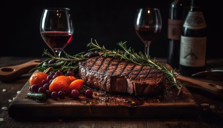 Gratis Foto gegrilde biefstuk op rustieke houten tafel klaar om te eten gegenereerd door ai