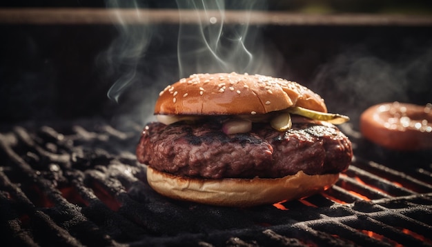 Gratis foto gegrilde burger op barbecuevlam voegt warmte toe die wordt gegenereerd door ai