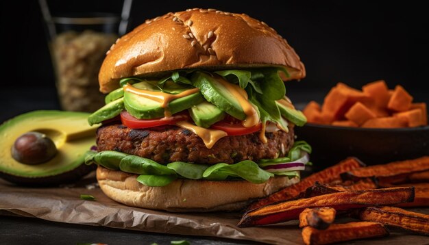 Gegrilde cheeseburger op ciabatta met door AI gegenereerde frietjes