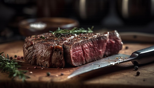 Gegrilde entrecote op rustieke houten tafel gegenereerd door AI