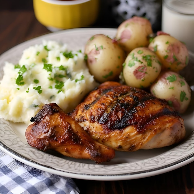 Gratis foto gegrilde kippenpootjes met gekookte aardappelen en kruiden op een bord