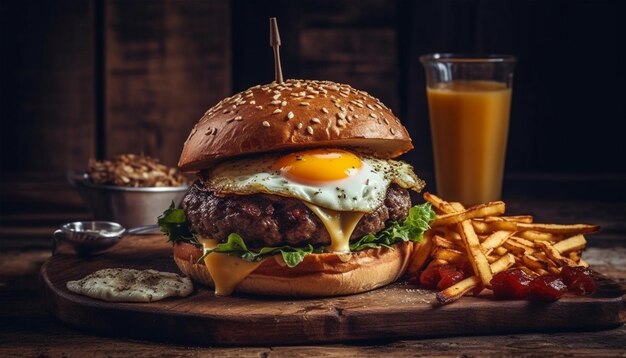 Gegrilde runderburger met kaas en friet gegenereerd door AI