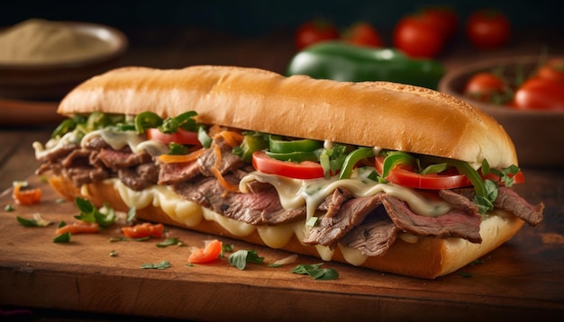 Gegrilde sandwich met rundvlees, varkensvlees en groente gegenereerd door AI