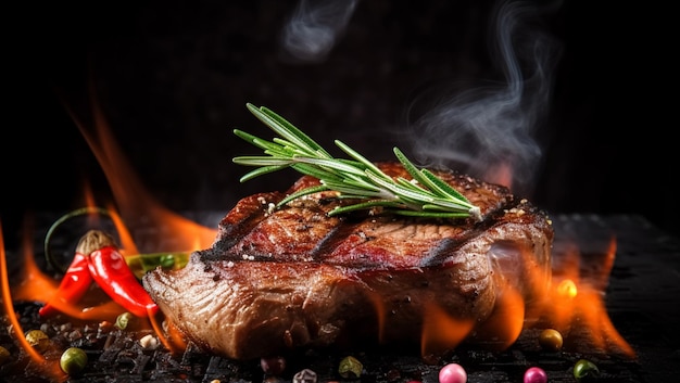 Gegrilde sappige steak koken in vuur gemaakt met generatieve AI-technologie