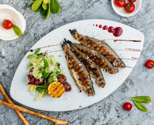 Gegrilde vis met groentesalade en sinaasappel.