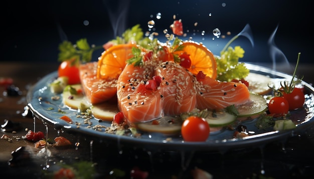 Gratis foto gegrilde visfilet met verse groenten, een gezonde gastronomische maaltijd gegenereerd door kunstmatige intelligentie