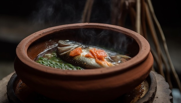 Gratis foto gegrilde zeevruchtenmaaltijd op zelfgemaakte aardewerkplaat gegenereerd door ai