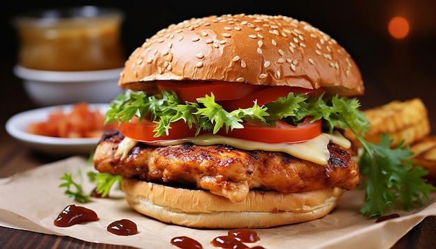 Gegrilleerde burger met kaas, tomaat en friet gegenereerd door AI