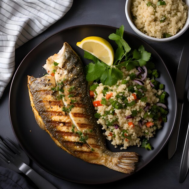 Gegrilleerde vis met couscous en groenten op het bord