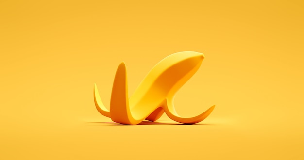 Gele banaan gepeld fruit of natuurafval op levendige kleurenachtergrond met grafisch symbool van sliphuidgevaar. 3d-weergave. Premium Foto
