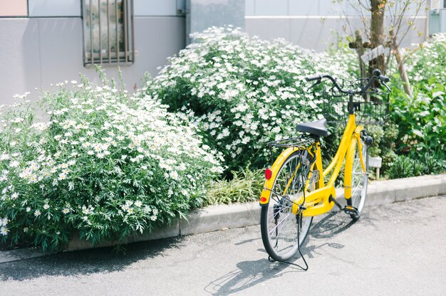 gele fiets bij park in Japan